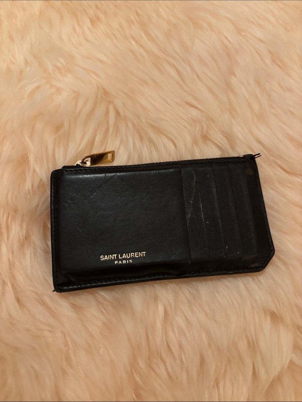 Saint Laurent Black Leather Card Case with Gold Zip Pull
